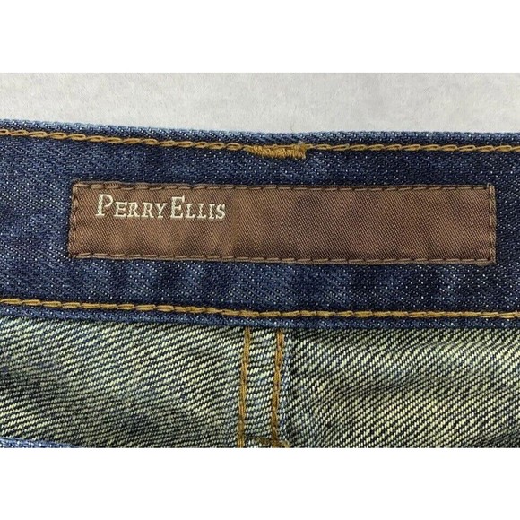 VTG Perry Ellis Denim Jeans Men's Size 34X30 Blue Factory Distressed Bootcut - Picture 3 of 16